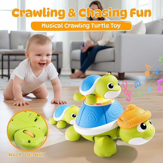 Baby Toys 6-12 Months, Musical Turtle Crawling Toys with Mama and Babies, Baby Learning Toys with Light & Music, Christmas Birthday Gifts for Boys Girls 6,7,8,9-12 Months