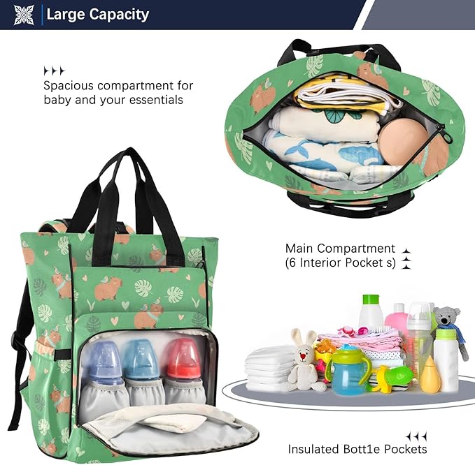Emelivor Capybara Birds Green Diaper Bag Backpack Large Capacity Travel Baby Bags Backpack Diaper Bags for Boy Girl Mama Travel Mom Dad