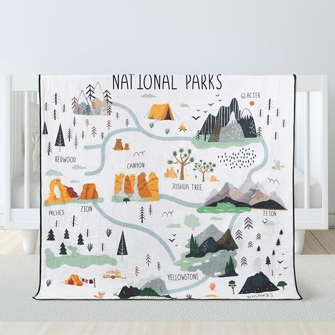 National Parks Muslin Blanket 47 x 47 Inch Soft Warm Cotton Muslin Swaddle Blanket Nursery Swaddling Wrap Quilt for Bedding Gift, Cold Weather, Adventure Hiking Camping Lovers