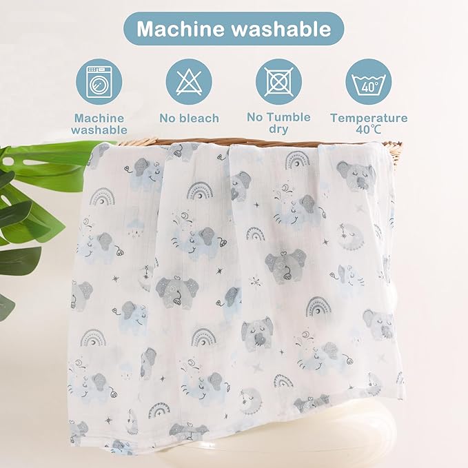 Viviland Muslin Swaddle Blankets, Swaddle Wrap for Boys and Girls, Breathable and Skin-Friendly Baby Receiving Blankets, Baby Essentials, 4-Pack Blue Elephant, 47 x 47 inches