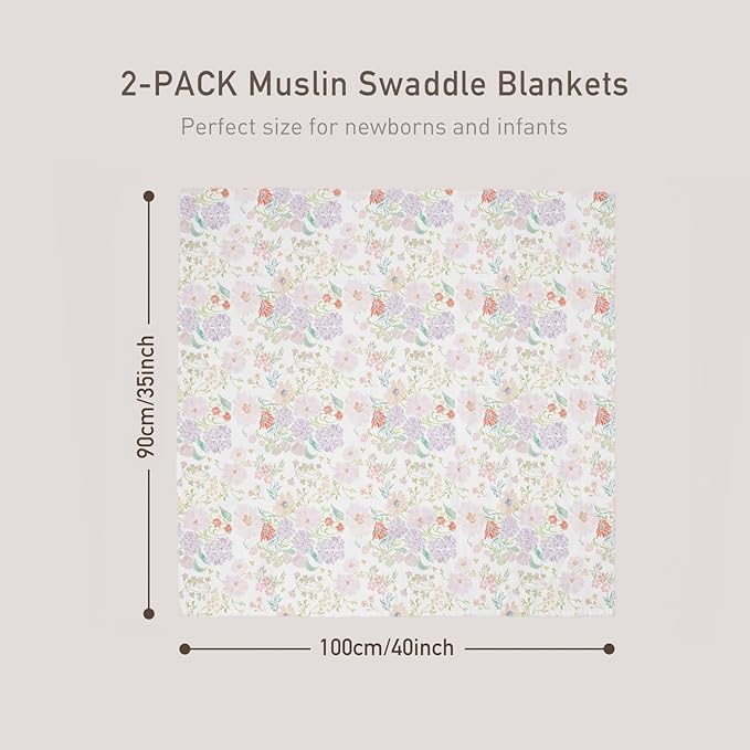 GLLQUEN BABY Muslin Swaddle Blankets Breathable Receiving Blankets (35" x 40") 2-Pack Soft Baby Blankets for Girls and Boys Newborn Essentials Muslin Burp Cloths Swaddle Wrap Baby Gift(Floral Dream)