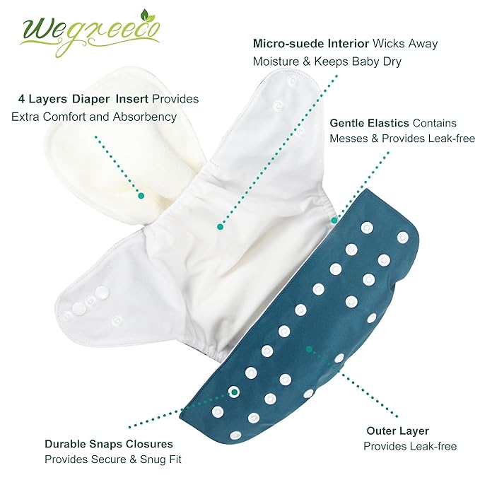 wegreeco Cloth Diapers 6 Pack with 6 Inserts & 1 Wet Bag, Washable Cloth Diapers for Babies, One Size Adjustable Reusable (Boy Prints 02)