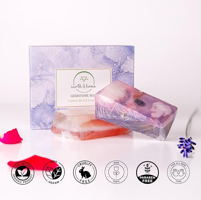 Rock Soap Gift Set of 2- Mothers day Gift- Decorative Scented Gemstone Soap with Crystals Inside- with Natural Ingredients & Essential Oil