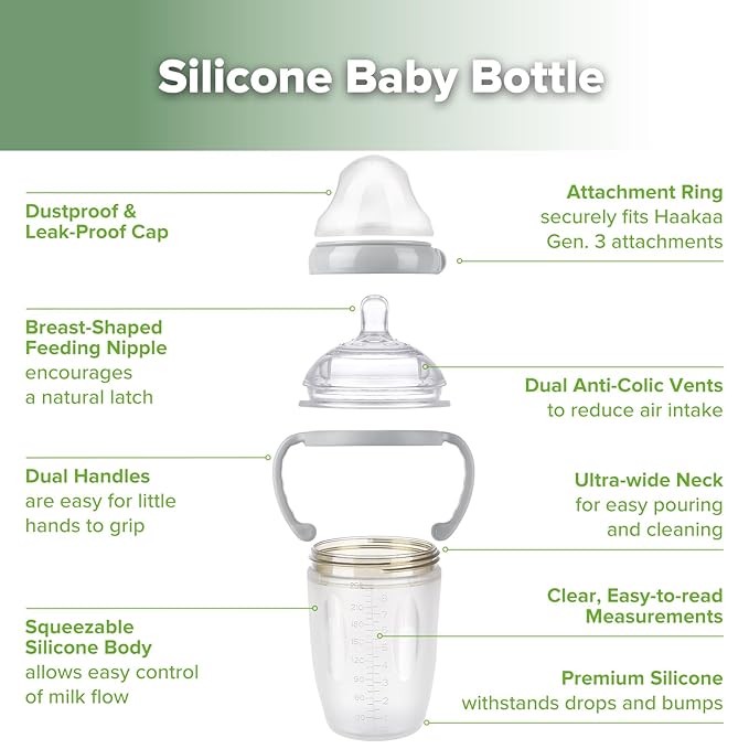 haakaa Gen. 3 Silicone Baby Bottle 250ml /8.4oz – Baby Bottles for Babies 6M+, BPA-Free Breastfeeding Baby Bottle with Natural Latch, Variable Flow Anti-Colic Silicone Baby Bottle– Grey