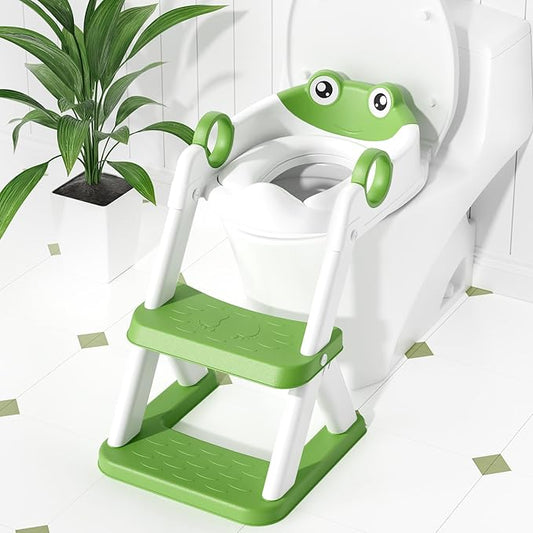 COOSEYA Frog Toilet Seat, Potty Training Seat for Toddler, Upgrade Potty Training 2 in 1 Toddler Toilet Seat for Boys Girls,Waterproof Soft Mat Non-Slip Step Stool