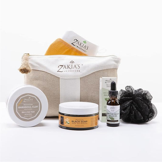 Moroccan Hammam Spa Rejuvinating Ritual Beauty Skincare Kit - 6 piece, Moroccan Orange Blossom Black Soap, Body Clay, Argan Oil, Pure & Natural, Purifying, Cleansing, exfoliating for every skin type.