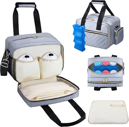 Breastmilk Cooler Bag Fits 6 Baby Bottles up to 9 Ounce with Ice Pack, Wearable Breast Pump Bag Plus , Insulated Bottle Travel Bag Compatible with Momcozy/Elvie/Willow, with Shoulder Strap Grey