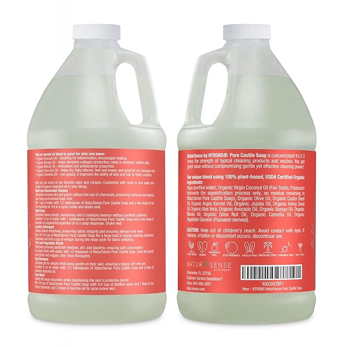NTRSNS NaturSense Pure Castile Soap. Unscented, Made with 100% Certified Organic Oils, Gentle Personal & Baby Wash, Safe & Effective Household Cleaning - 1 Gallon total w/pump, 64oz x 2 Bottles