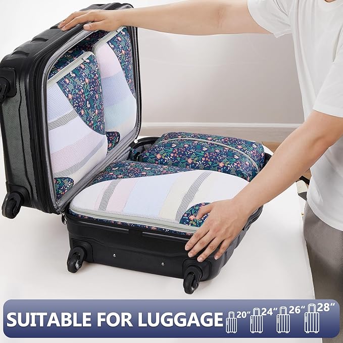 8 Set Packing Cubes for Travel,Gifts for Women Mom,Anti-Tearing Suitcase Organizer for Luggage with Shoe & Hanging Toiletry Bag,Vacation Essentials & Accessories for Cruise Ship,Dark Blue Floral