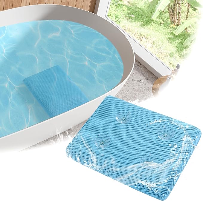 MABOZOO Bath Cushion for Tub with Powerful 4 Non-Slip Suction Cups,Quick Dry Mesh Bathtub Mat,Spa Pillow Bath Accessories for Adults Indoor Outdoor (Blue)