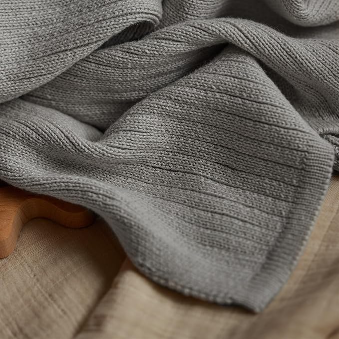 Knitted Organic Cotton Baby Blanket- Swaddle Blanket, 30" x 40" Soft Receiving Blanket for Newborn (Ribbed-Cloud Grey)