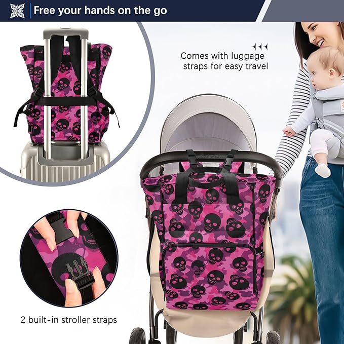 Emelivor Skull Pink Camouflage Diaper Bag Backpack Large Capacity with Insulated Pockets Baby Bag Diaper Bags for Boy Girl Travel Mom Women Men