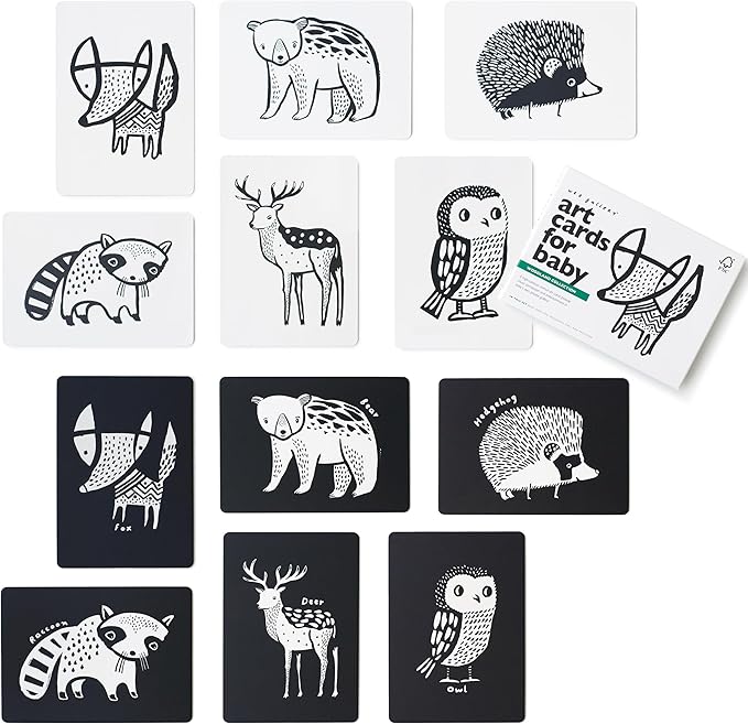 Wee Gallery Art Cards for Baby, Durable High Contrast Black and White Animal Flashcards for Newborns, Brain Development, Sensory Toys, Tummy Time Essentials for Infant and Toddler - Woodland Animals