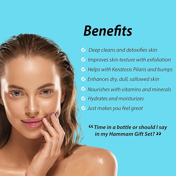 Moroccan Hammam Spa Rejuvinating Ritual Beauty Skincare Kit - 6 piece, Moroccan Euclayptus Black Soap, Ghasoul Clay, Argan Oil, Pure & Natural, Purifying, Cleansing, exfoliating for every skin type.