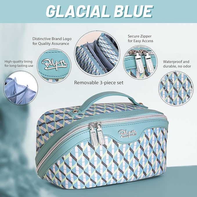 BOYATU Travel Makeup Bags for Women: Large Capacity Cosmetic Bag Set of 3 - Vegan Leather Make up Bags with Compartments - Wide Open Waterproof Toiletry Organizer Bag with Handle (B-02-Blue)