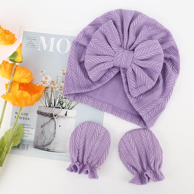 BQUBO Newborn Girls Hats Baby Hat and Mittens Set Infant Caps Bow Hospital Beanie with No Scratch Mittens for Baby Boys Girls