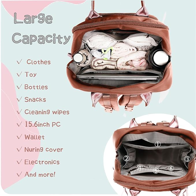 18 Pockets Large Diaper Bag Backpack with Waterproof Pockets and Stroller Buckle, Convertible Baby Bag (Brown, Large)