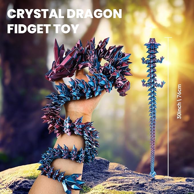 30'' 3D Printed Dragon - 3D Printed Toys, Articulated Crystal Dragon Large Rainbow Animal Fidget Toy, Decor Huge Dragons Collectible Figurines(Blue Purple,30inch)