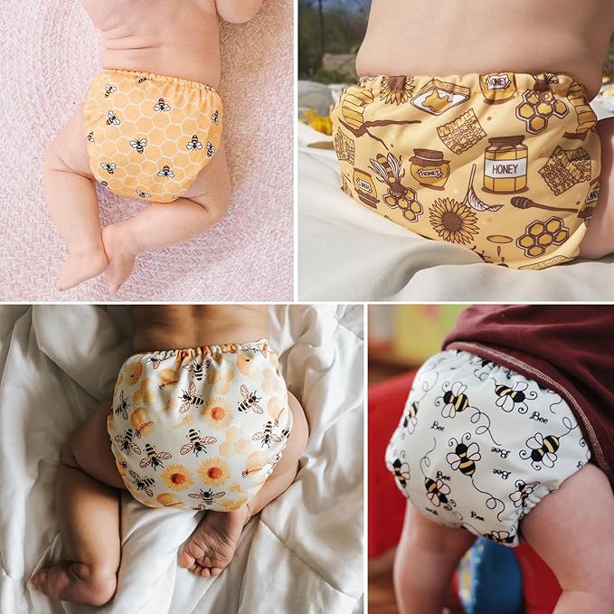 Mama Koala 3.0 Pocket Cloth Diapers for Babies with AWJ Lining, 6 Pack with 6 4-Layer Natural Cloth Diaper Inserts - Reusable and Washable Pocket Diapers(Hardworking Bees)