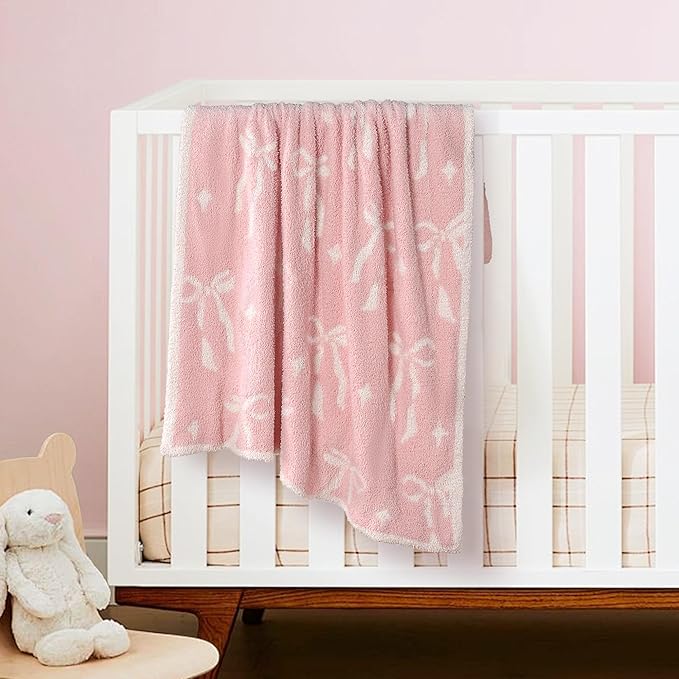 Pink Bow Baby Blanket – Cozy Knitted Bow Throw for Baby Girls, Nursery Décor, & Newborn Gifts – Ultra-Soft, 30x40 Inch