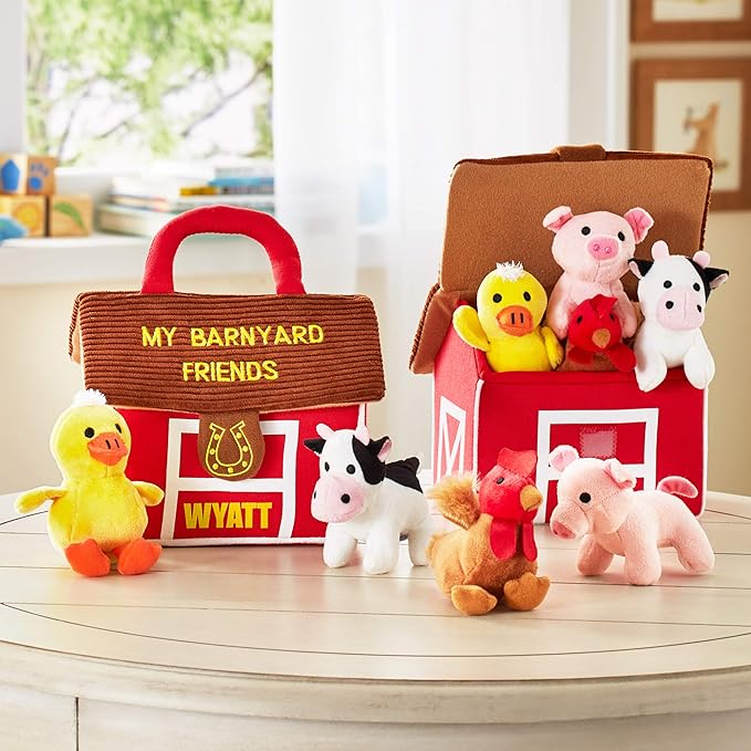 Let's Make Memories Personalized Barnyard Friends Plush Playset – 4 Soft & Squeaky Animals – Kids Travel Toy – Customize with Name – 7”L x 5”W x 6”H