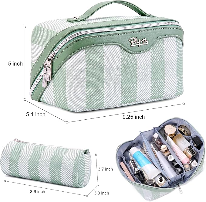 BOYATU Travel Makeup Bag Organizer Cosmetic Bag: 3 Pcs Set Make up Bags for Women with Handle - Waterproof Vegan Leather Toiletry Bags Travel Essentials Pouch with Compartments (F-02-Green)