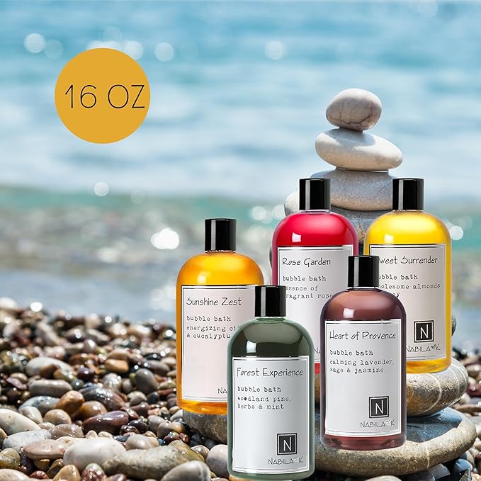 Assorted Bubble Bath Collection (Set of 5) by Nabila K - Forest Experience, Sunshine Zest, Rose Garden, Sweet Surrender, Heart of Provence - Essential Oils with Natural Ingredients - 16 oz