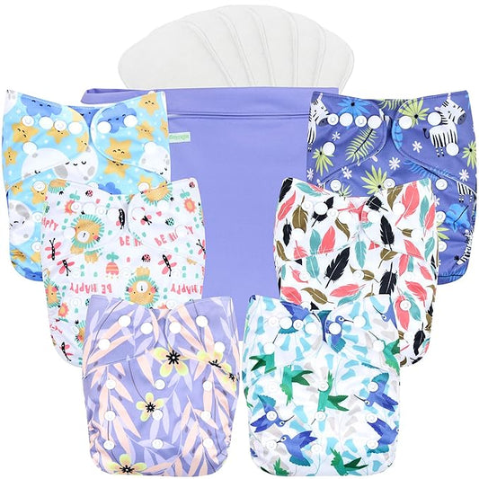 wegreeco Cloth Diapers 6 Pack with 6 Inserts & 1 Wet Bag, Washable Cloth Diapers for Babies, One Size Adjustable Reusable (Leaves, Animals)