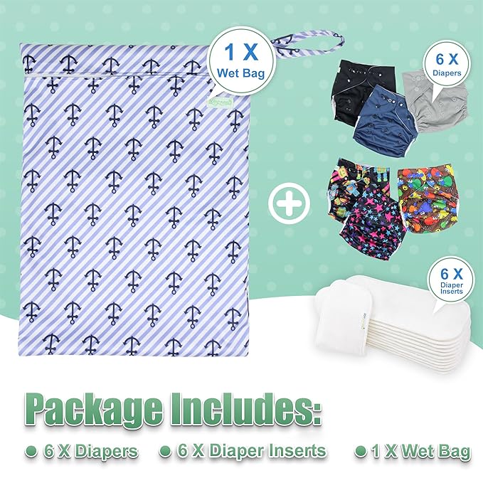 wegreeco Cloth Diapers 6 Pack with 6 Inserts, Washable Cloth Diapers for Babies, One Size Adjustable Reusable (with 1 Wet Bag,Boy Prints)