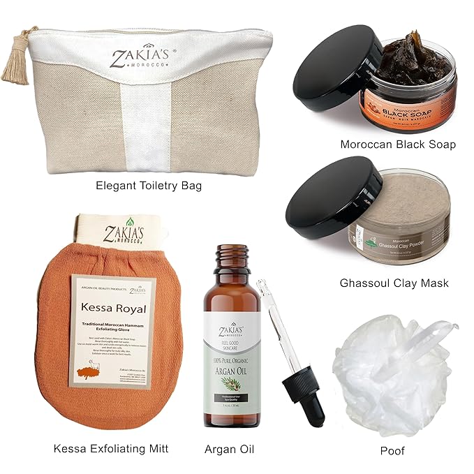 Moroccan Hammam Spa Rejuvinating Ritual Beauty Skincare Kit - 6 piece, Moroccan Rose Blossom Black Soap, Body Clay, Argan Oil, Pure & Natural, Purifying, Cleansing, exfoliating for every skin type