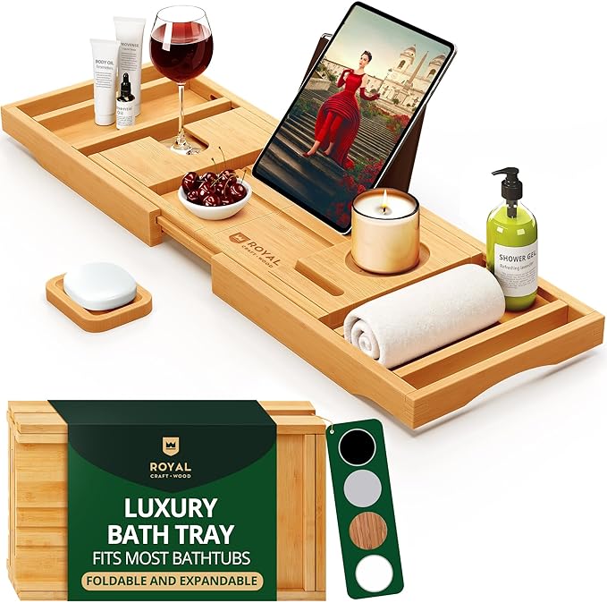 ROYAL CRAFT WOOD Bathtub Tray Caddy for Tub, Bamboo Bath Shelf, Premium Foldable Wood Bath Table, Expandable Bathtub & Bathroom Accessories, New Home Gifts for Mom, Housewarming, Anniversary, Wedding