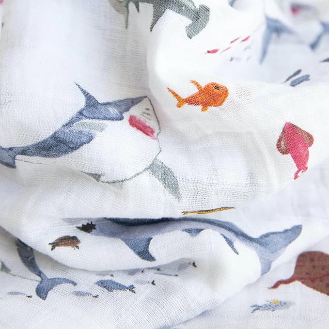 Little Unicorn Premium Muslin Swaddle Blanket 3 Pack | for swaddling, Play, Nursing & More | Giftable Set of 3 (Shark 2)