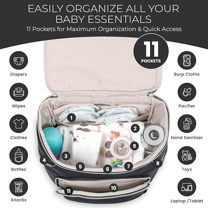Diaper Bag Backpack 2 Pack - Waterproof - 11 Pockets & Insulated Bottle Pocket - Extra Mini-Pouch Included - Diaper Bag Neoprene Exterior - Black