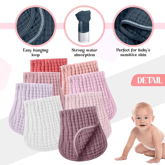 Frienda 8 Pieces Muslin Burp Cloths for Baby Cotton Burp Cloth 10 x 20 Inches Multi Colors Muslin Washcloths Diapers 4 Absorbent Layers Newborn Face Towels for Baby Boy Girl Unisex (Pink Purple Color)