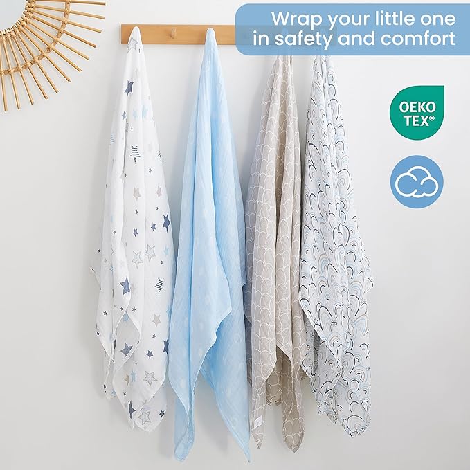 Softan Muslin Swaddle Blankets for Baby Girl & Boy, 47X47In Receiving Blankets for Newborn, Swaddle Blanket Set Soft Silky & Breathable,Blue Rainbow and Five-Pointed Star, 4 Pack