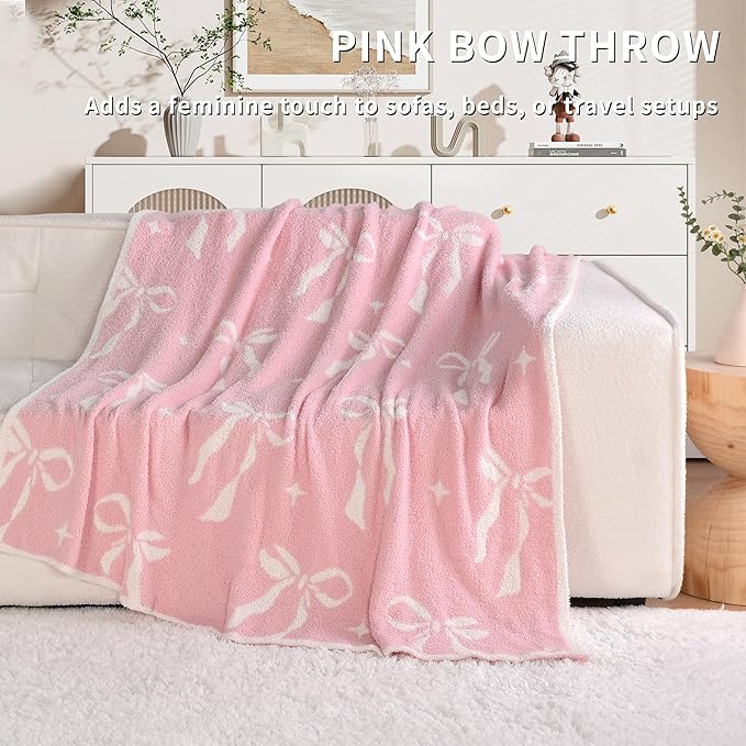 JOOJA Pink Bow Throw, Soft Coquette Aesthetic Blanket with Bows, Preppy Room Decor, 50" x 60"