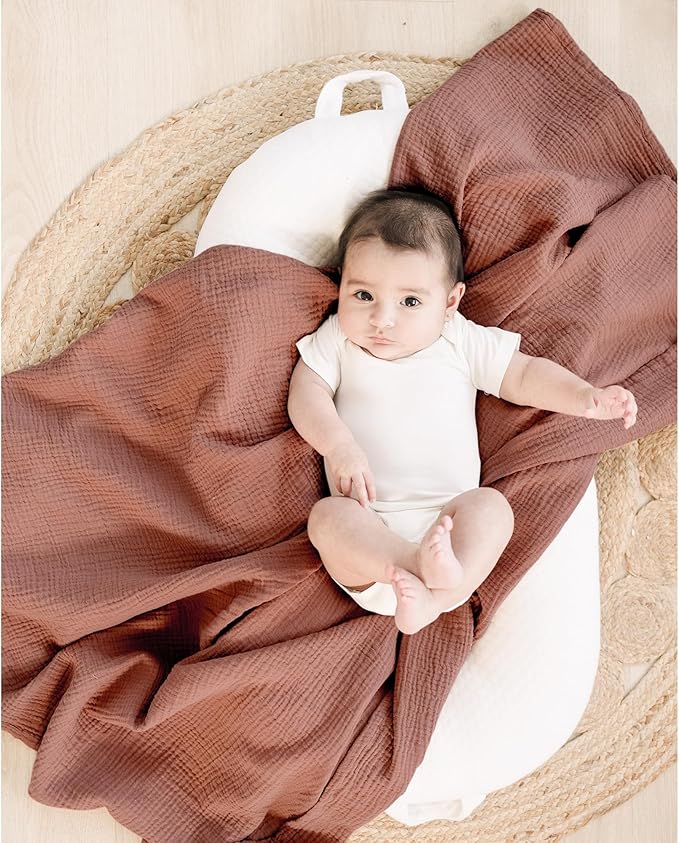 Konssy Muslin Swaddle Blankets for Boys Girls, 2 Pack Receiving Baby Blanket Large 47 x 47 inches, Soft Breathable Swaddling Wrap for Unisex Newborn (Chestnut, Posy)
