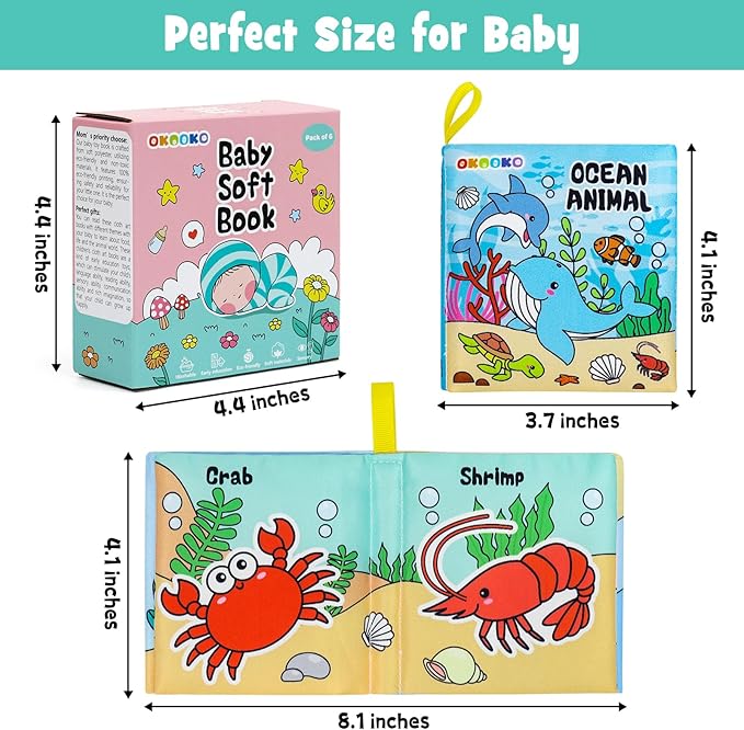OKOOKO Soft Baby Books 6PCS Soft Cloth Books Bath Books Crinkle Washable Non-Toxic Early Education Preschool Learning Toy for Newborns Babies Infants Toddlers Kids