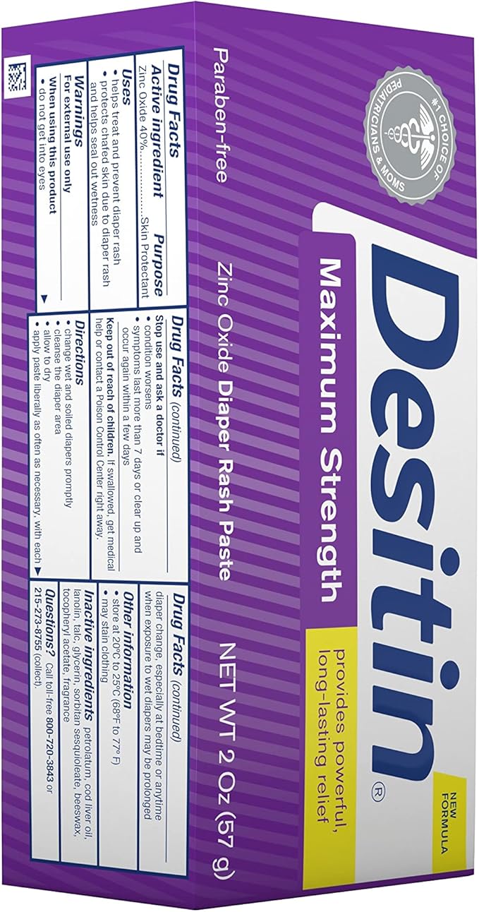 Desitin Maximum Strength Baby Diaper Rash Cream with 40% Zinc Oxide for Treatment, Relief & Prevention, Hypoallergenic, Phthalate- & Paraben-Free Paste, Travel Size, 2 oz (Pack of 6)