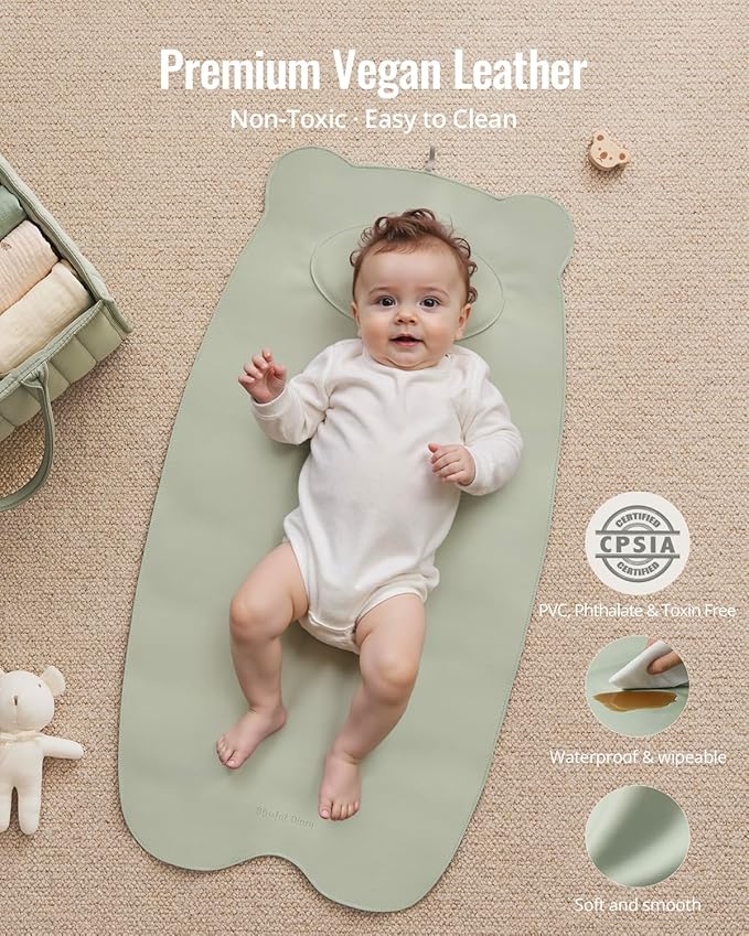 Blissful Diary Vegan Leather Portable Changing Pad, Wipeable, Waterproof Diaper Changing Mat, Newborn Shower Gifts, with Built-in Padding, Light Green