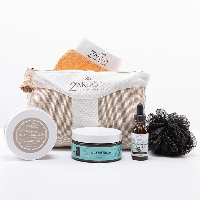Moroccan Hammam Spa Rejuvinating Ritual Beauty Skincare Kit - 6 piece, Moroccan Euclayptus Black Soap, Ghasoul Clay, Argan Oil, Pure & Natural, Purifying, Cleansing, exfoliating for every skin type.