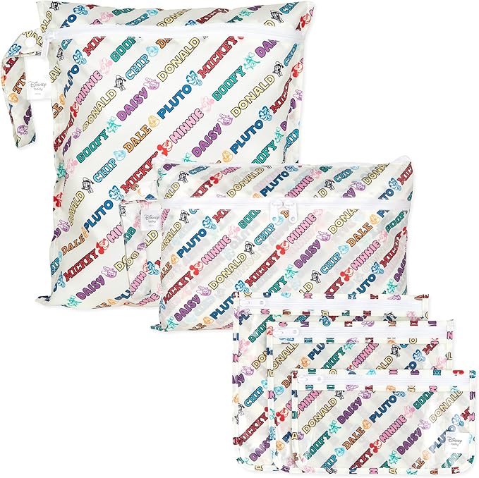 Bumkins - Waterproof Wet Bag, Wet/Dry Clutch & Clear Travel Bags - For Beach, Baby, Travel, Cloth Diapers, Pump Parts, Pool, Gym, Toiletries -Reusable & Easy to Clean -Mickey & Friends Varsity -5 Pack