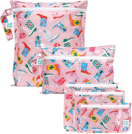 Bumkins - Waterproof Wet Bag, Wet/Dry Clutch & Clear Travel Bags - For Beach, Baby, Travel, Cloth Diapers, Pump Parts, Pool, Gym, Toiletries - Reusable & Easy to Clean - Cowgirl Boots - 5 Pack