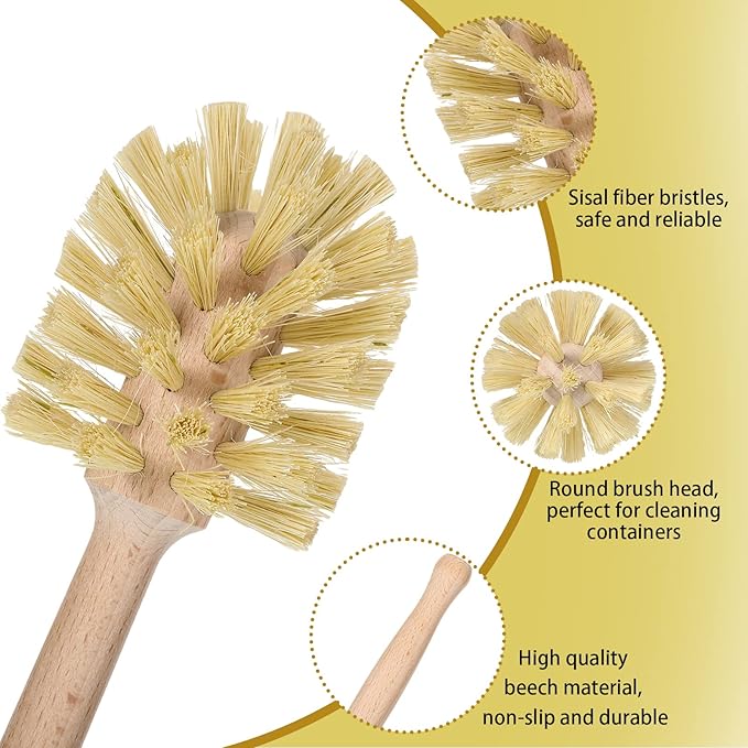 Gejoy 6 Pcs Natural Wood Dish Scrub Brush with Long Beechwood Handle Bristles for Cleaning Bottles, Mugs, Jars, Glasses, Dishes, Vases, Pitchers, 13.6 x 2.6 Inches