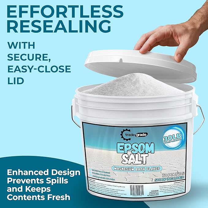 Epsom Salt Bath Soak 30 lb Bucket – Unscented, Pure Epsom Salt Bulk Crystals, Magnesium Sulfate for Full Body or Foot Soaks, Resealable Container with Scoop for Home Bath Use