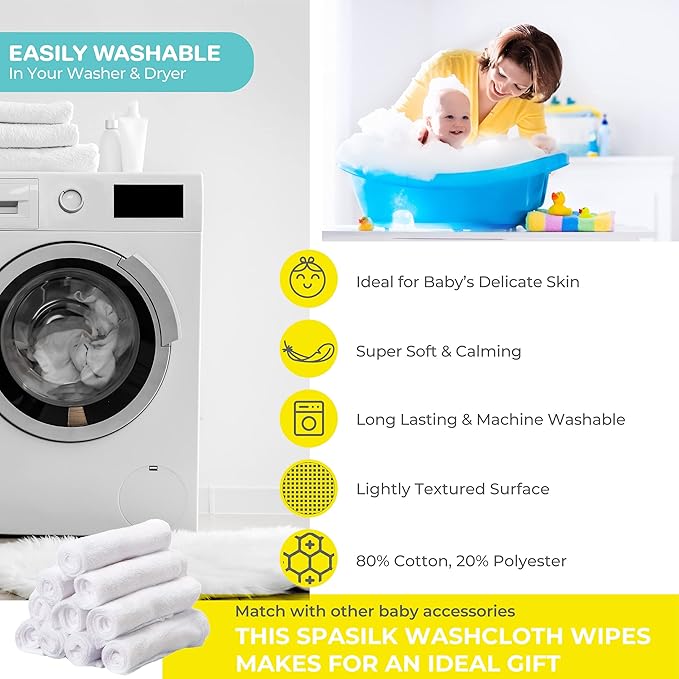 Spasilk Washcloth Wipes Set for Newborn Boys and Girls, Soft Terry Washcloth Set, Pack of 10, White, (010-WTE)