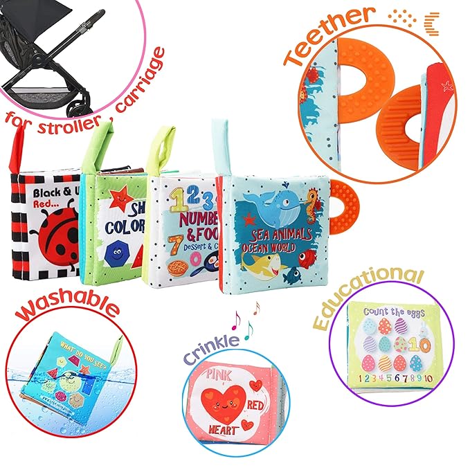 Baby Books Toys Gifts, Touch and Feel Cloth Crinkle Books for Babies,Infant Toddler Baby 0-3-6-12-18 Months,Early Learning Toys 6 to 12 Months 1-2 Years Old, Easter Shower Gift for Boys Girls,4 PCS