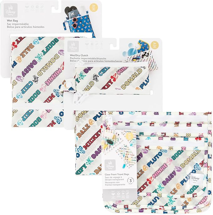 Bumkins - Waterproof Wet Bag, Wet/Dry Clutch & Clear Travel Bags - For Beach, Baby, Travel, Cloth Diapers, Pump Parts, Pool, Gym, Toiletries -Reusable & Easy to Clean -Mickey & Friends Varsity -5 Pack