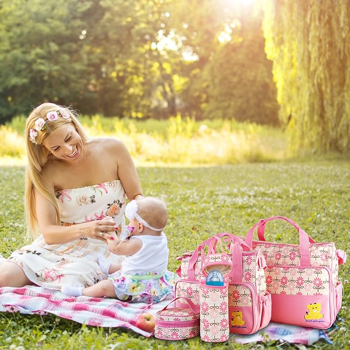 5PCS Diaper Bag Totes Set, Large Diaper Tote, Waterproof Maternity Bags, Cute Baby Diaper Organizer with Bottle & Food Bag
