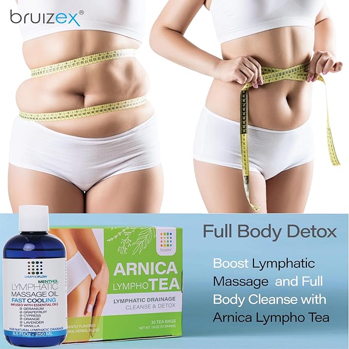 Lymphatic Drainage Massage Oil with Arnica & Cold Pressed Castor Oil I Post Surgery Recovery & Post Liposuction, BBL, 360 Lipo, Tummy Tuck I Fibrosis Treatment, Body Detox I 8.5 Oz by Bruizex